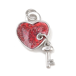 Темно-Красный Латунные микропаве прозрачные подвески с фианитом, сердце с ключом, Эмаль стиле, с целью перехода в кольце, без кадмия и без свинца, стойки покрытие, долговечный, платина, темно-красный, 25x14x2 мм, отверстие : 3 мм
