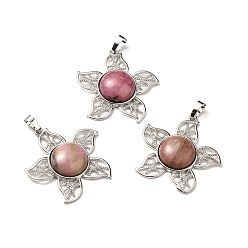 Rhodonite Natural Rhodonite Pendants, Flower Charms, with Rack Plating Platinum Tone Brass Findings, Cadmium Free & Lead Free, 38x37x7~7.5mm, Hole: 8x5mm
