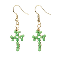 Lime Glass Seed Braided Cross Dangle Earrings, Gold Plated Brass Wire Wrap Jewelry for Women, Lime, 42.5mm, Pin: 0.5mm
