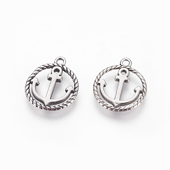 Antique Silver 304 Stainless Steel Pendants, Ring with Anchor, Antique Silver, 17x14.5x1.5mm, Hole: 1.6mm