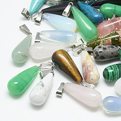 Mixed Stone Natural & Synthetic Mixed Stone Pendants, with Stainless Steel Snap On Bails, teardrop, 28~30x10~12mm, Hole: 6x4mm