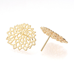 Real 18K Gold Plated Brass Stud Earring Findings, Nickel Free, Real 18K Gold Plated, Hollow, Golden, 17x20mm, pin: 0.8mm