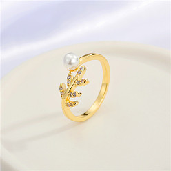 leaf Geometric Gold Ring with Hollow-out Design and Diamond Inlay Chain Wrap