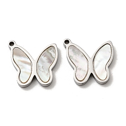 Stainless Steel Color 304 Stainless Steel Shell Charms, Butterfly, Stainless Steel Color, 13.5x14.5x2mm, Hole: 1.2mm