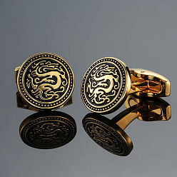 Golden Brass Enamel Flat Round with Dragon Cufflinks, for Apparel Accessories, Golden, 20mm