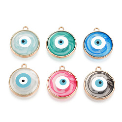 Mixed Color Epoxy Resin Enamel Pendants, Evil Eye Charms, with Rack Plating Light Gold Tone Alloy Open Back Bezel, Cadmium Free & Nickel Free & Lead Free, Mixed Color, 21.5x18.5x2.5~3mm, Hole: 1.8mm