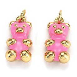 Hot Pink Real 18K Gold Plated Brass Pendants, with Enamel and Jump Rings, Long-Lasting Plated, Bear, Hot Pink, 17.5x9x5mm, Jump Ring: 5x1mm, 3mm Inner Diameter