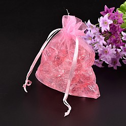 Pink Organza Gift Bags, with Drawstring, Rectangle, Pink, 12x10cm