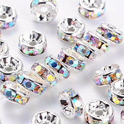 Crystal AB Brass Rhinestone Spacer Beads, Grade AAA, Straight Flange, Nickel Free, Silver Color Plated, Rondelle, Crystal AB, 6x3mm, Hole: 1mm