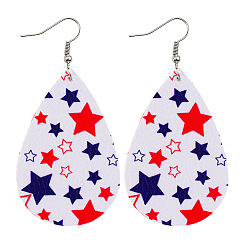 White Independence Day Teardrop Imitation Leather Dangle Earrings for Women, Star Pattern, White, 77mm, Teardrop: 58x39mm