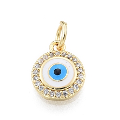 White Brass Micro Pave Clear Cubic Zirconia Charms, with Enamel and Jump Rings, Golden, Flat Round with Evil Eye, White, 11x9.5x2mm, Hole: 3mm