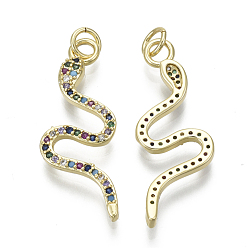 Colorful Brass Micro Pave Cubic Zirconia Pendants, with Jump Ring, Nickel Free, Snake, Real 16K Gold Plated, Colorful, 31~32x12x3mm, Hole: 3mm