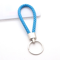 Deep Sky Blue Handwoven Imitation Leather Keychain, with Metal Car Key Ring Chain Accessories Gift for Men and Women, Deep Sky Blue, 122x30mm