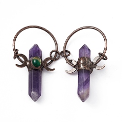 Amethyst Natural Amethyst Double Terminal Pointed Big Pendants, Faceted Hexagonal Bullet Charms, with Rack Plating Red Copper Tone Brass Findings, Cadmium Free & Lead Free, 71.5~72x40~41x16.5~18mm, Ring: 9x1.5mm, Hole: 6mm