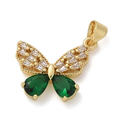 Зеленый Латунь стекло кулоны, бабочка, стойки покрытие, долговечный, без свинца и без кадмия, реальный 18 k позолоченный, граненые, зелёные, 17x20x4 мм, отверстие : 4.5x3.5 мм