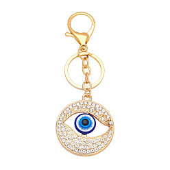 Golden Alloy Rhinestone Keychain, with Alloy Key Rings & Lobster Claw Clasps and Resin, Evil Eye, Round Pattern, 12.2cm