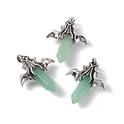 Green Aventurine Natural Green Aventurine Pendants, with Antique Silver Tone Alloy Bat Findings, Cadmium Free & Lead Free, Faceted Bullet Charm, 47x39x14mm, Hole: 6x9mm