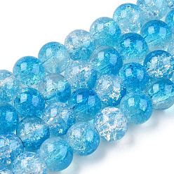 Deep Sky Blue Transparent Crackle Baking Painted Glass Beads Strands, Imitation Opalite, Round, Deep Sky Blue, 8.5x7.5mm, Hole: 1.5mm, about 107~109pcs/strand, 30.71 inch~31.30 inch(78~79.5cm)