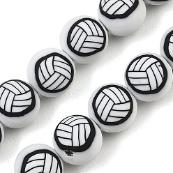 Black Handmade Polymer Clay Beads Strands, Round with Volleyball, Black, 8mm, Hole: 1.2mm, about 40pcs/strand, 12.20''(31cm)