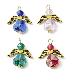 Mixed Color Glass Pendants, with Tibetan Style Alloy Wing, Angel Charm, Mixed Color, 23x20x6mm, Hole: 2.7mm