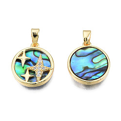 Colorful Brass Micro Pave Clear Cubic Zirconia Pendants, with Synthetic Abalone Shell/Paua Shells, Star Charms, Real 18K Gold Plated, Nickel Free, Flat Round, Colorful, 16x14x3mm, Hole: 2.5x4mm