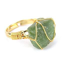 Peridot Natural Peridot Nugget Adjustable Rings, Golden Copper Wire Wrap Ring, Inner Diameter: 19mm