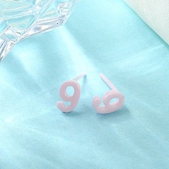 Pink Hypoallergenic Bioceramics Zirconia Ceramic Stud Earrings, Number 9, No Fading and Nickel Free, Pink, 7x4.5mm