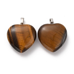 Tiger Eye Natural Tiger Eye Pendants, Heart Charms, with Rack Plating Platinum Tone Brass Snap on Bails, 32~33x30~31x12~13mm, Hole: 5x8mm