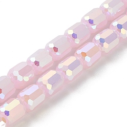 Pink Imitation Jade Glass Beads Strands, Faceted, Column, Pink, 6x7~7.5mm, Hole: 1mm, about 72~73pcs/strand, 21.06~21.14''(53.5~53.7cm)