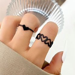 5493303 Chic Hollow Heart Joint Ring Set - Creative Black Glossy Love Rings (2pcs)