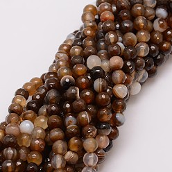 Sienna Natural Striped Agate/Banded Agate Bead Strands, Dyed, Faceted, Round, Sienna, 6mm, Hole: 1mm, about 56~58pcs/strand, 14 inch