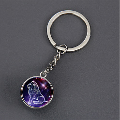 Leo Luminous Glass Pendant Keychain, with Alloy Key Rings, Glow In The Dark, Round with Constellation, Leo, 8.1cm