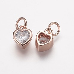 Real Rose Gold Plated Brass Micro Pave Grade AAA Cubic Zirconia Charms, Lead Free & Nickel Free & Cadmium Free, Heart, Real Rose Gold Plated, 9x6.5x4mm, Hole: 3mm