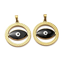 Black Ion Plating(IP) 304 Stainless Steel Pendants, with Enamel, Flat Round with Evil Eye Charm, Golden, Black, 28.5x25.5x3mm, Hole: 5x3.5mm