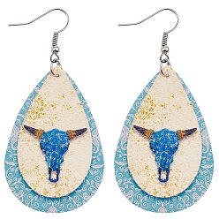 Floral White Imitation Leather Teardrop with Cattle Head Dangle Earrings, Bohemia StyleEarrings for Women, Floral White, 78x38mm