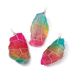 Colorful Electroplated Raw Rough Natural Quartz Copper Wire Wrapped Big Pendants, Triple Tone Nuggets Charms, Silver Plated Color, Colorful, 42~59x27~37x17~24mm, Hole: 3mm