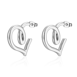 Stainless Steel Color 304 Stainless Steel Heart Stud  Earrings, Half Hoop Earrings, Stainless Steel Color, 22x20.5mm