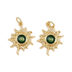 Зеленый Латунь эмаль подвески, очарование солнца, с прыжковых колец, стойки покрытие, реальный 18 k позолоченный, без свинца и без кадмия, долговечный, зелёные, 20x16x3 мм, отверстие : 3.4 мм
