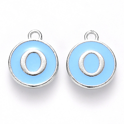 Letter O Platinum Plated Alloy Enamel Charms, Cadmium Free & Lead Free, Enamelled Sequins, Flat Round with Letter, Sky Blue, Letter.O, 14x12x2mm, Hole: 1.5mm