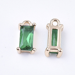 Sea Green Transparent Glass Charms, with Brass Findings, Faceted, Rectangle, Light Gold, Sea Green, 8.5x4x3mm, Hole: 1mm