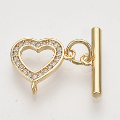 Real 18K Gold Plated Brass Micro Pave Clear Cubic Zirconia Toggle Clasps, with Jump Rings, Nickel Free, Heart, Real 18K Gold Plated, Heart: 12x12.5x1.5mm, Hole: 1mm, Bar: 15x2mm, Hole: 1mm, Jump Ring: 5x0.8mm, 3mm Inner Diameter