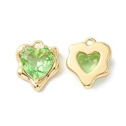 Green Brass Micro Pave Cubic Zirconia Charms, Heart Charm, Real 18K Gold Plated, Green, 13x11x4.5mm, Hole: 1.2mm