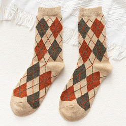 Blanched Almond Wool Knitting Socks, Rhombus Pattern Crew Socks, Winter Warm Thermal Socks, Blanched Almond, 10mm