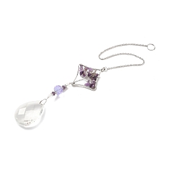 Purple Amethyst Pendant Decoration, Hanging Suncatcher, with Stainless Steel Rings and Rhombus Alloy Frame, Teardrop, Purple, 391x2mm, Hole: 10mm