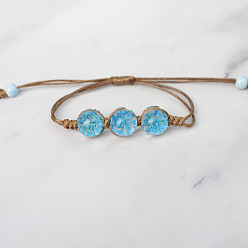 Sky Blue Triple Round Glass Braided Bead Bracelet, Pressed Flower Adjustable Bracelet for Women, Sky Blue, Beads: 12mm