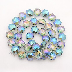 Dark Turquoise Hexagon Electroplate Full Rainbow Plated Glass Beads Strands, Faceted, Dark Turquoise, 15x14x8mm, Hole: 1mm, about 50pcs/strand, 23.6 inch
