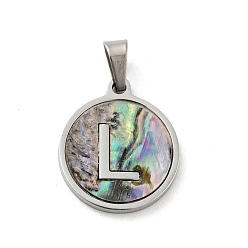 Letter L 304 Stainless Steel with Paua Shell Pendants, Stainless Steel Color, Flat Round with Letter Charm, Letter.L, 18x16x1.5mm, Hole: 3x6mm