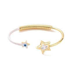 White Enamel Star with Evil Eye Open Cuff Bangle with Clear Cubic Zirconia, Real 18K Gold Plated Brass Jewelry for Women, White, Inner Diameter: 2-5/8 inch(6.6cm)