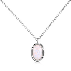 Real Platinum Plated Oval Rhodium Plated 925 Sterling Silver Pendant Necklaces, with Synthetic Opal, Real Platinum Plated, 15.75 inch(40cm)