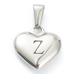 Letter Z 304 Stainless Steel Pendants, Heart with Black Letter, Stainless Steel Color, Letter.Z, 16x16x4.5mm, Hole: 7x3mm